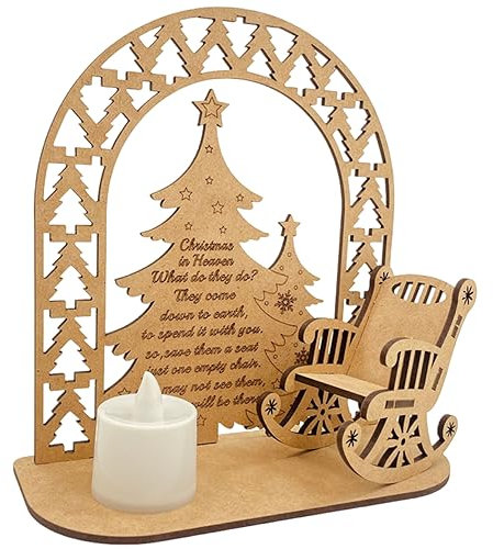 Christmas in Heaven Chair with LED Candle Wooden Memorial Christmas Ornament to Remember Loved Ones for Christmas Table Decor Gift with 2 Button Batteries.