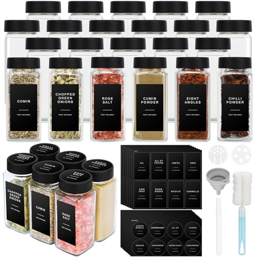 Mozvvco Barattoli Spezie - 24pcs Contenitori Spezie 120ml Barattoli Porta Spezie con Coperchio - Barattoli Porta Spezie con Setaccio, Etichette, Spazzola, Lmbuto
