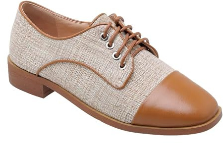 Blano Lofor Women's Wingtips Oxford Shoes Perforated Brogues Multicolor Patchwork Vintage Square Cap Toe Lace-up Low Heels Derby Shoes Creepers for Women Two Tone Beige Tweed and Brown 11.5