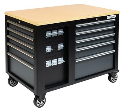 FEISTOS Werkbank Hektor | Mobile Werkbank mit zentralverriegelten Schubladen | Werkzeugwagen mit 500 kg Traglast | Multiplex Arbeitsplatte | Schwarz | 114x73x89 cm