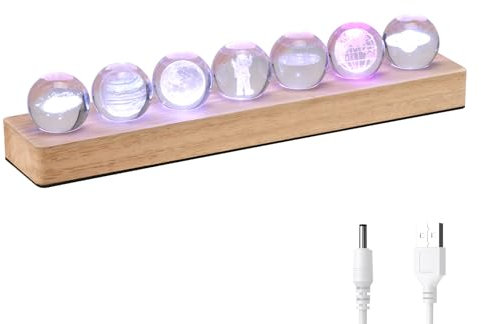 BUTORY Set di 7 sfere di cristallo per pianeti spaziali, decorazione di cristallo, luce notturna a LED con base in legno, per festival, regalo (B)