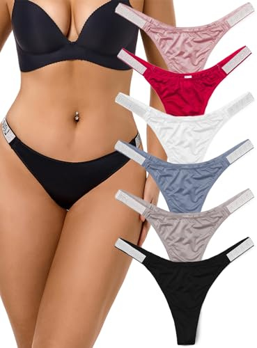 Rhinestone G-string Thongs for Women - Sexy Thong Underwear Stretch Breathable Low Rise Ice Silk Panties 6 Pack (US, Alpha, Small, Regular, Regular, A-6Pack 6 Colors)
