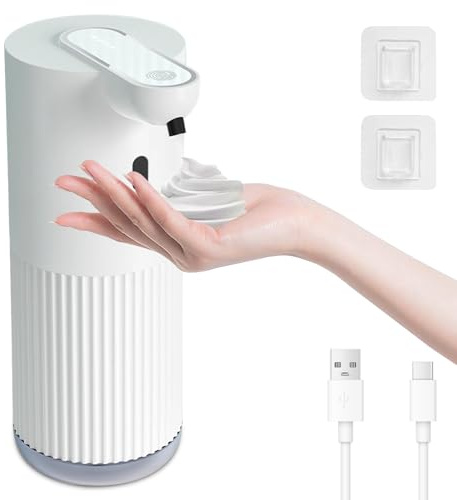 Cuteefun Dispensador Jabon Baño Automatico, 400ml Recargable Dosificador Jabon Espuma, 4 Niveles Ajustables, Impermeable IPX5, Montaje en Pared, Sensor Infrarrojo Sin Contacto para Cocina, Blanco