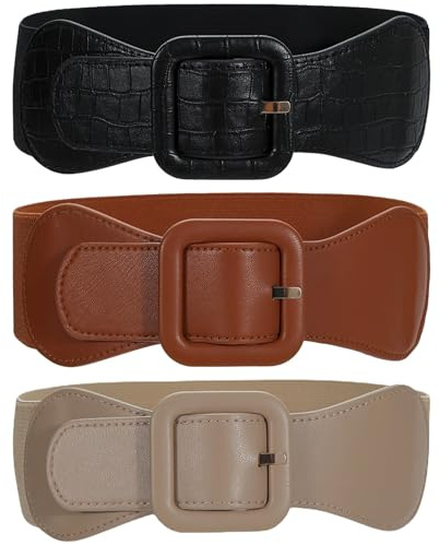Skdqiee 3 PCS Wide Elastic Waist Belts, PU Leather Dress Cinch Belts with Square Buckle, Stretchy Waistband for Dresses & Blouses, Fashion Waist Belt for Women, 29.5 x 2.4 Inches
