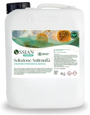 Ossian Soluzione Antimuffa Profumato al Mentolo 5 lt – Rimuovi Muffa, Alghe, Muschi, Licheni – Per Interni ed Esterni, Bagni, Cucine, Cantine, Muri e Pavimenti (1 Pezzo)
