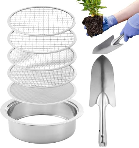 Genérico Tamiz de Tierra para jardín - Tamiz de de Acero Inoxidable, Juego de Pala para macetas | 5 Pantallas de Malla 1 3 6 9 12 mm para Piedras de abono, de Tierra, preparación de plántulas, maci
