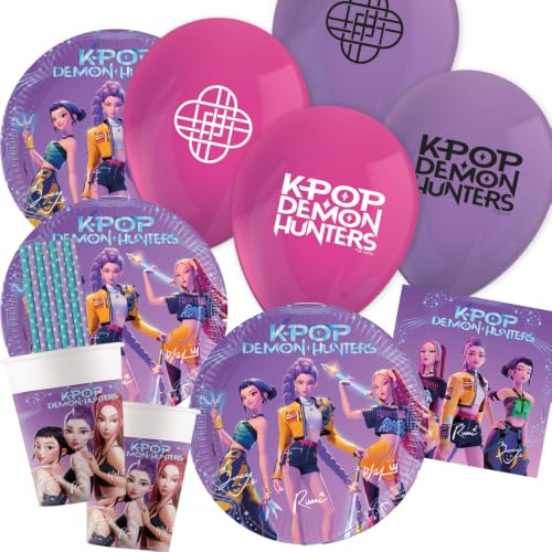 Kalasset KPop Demon Hunters med ballonger för 8 barn | Papptallrikar, pappersmuggar, servetter, ballonger, papperssugrör för barns födelsedag