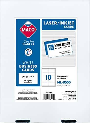 MACO Laser/Ink Jet White Business Cards, 2 x 3 1/2, 10 per Sheet, 2500 per Box (ML-8555)