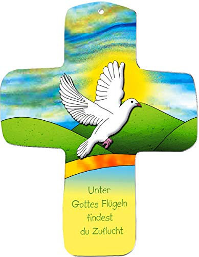 metALUm Kleines Kinderkreuz zum Aufhängen aus MDF, Motiv: Taube - Unter Gottes Flügeln findest Du Zuflucht, Geschenk zur Kommunion, Konfirmation und Taufe, für Jungen und Mädchen