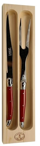 Jean Dubost Laguiole 2-Piece Carving Set, Red Handles - Rust-Resistant Stainless Steel - Includes Wooden Tray - Made in France