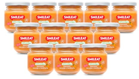 Smileat - Tarritos Ecológicos de Frutas, Ingredientes Reales, para Bebés desde 4 Meses, sin Gluten, Sabor Manzana, Naranja y Zanahoria - Pack de 12 x 130 g = 1560 g