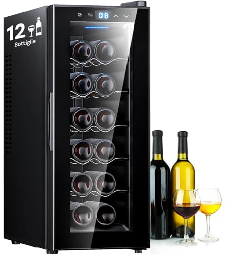 Wintem Cantinetta Frigo Silenziosa per Vini 12 Bottiglie 65W - Mini Frigo Bar per Vini e Bevande con Display LED - Temperatura Regolabile 12-18°C, Auto Defrost - Cantinetta Vino Nera da 35L
