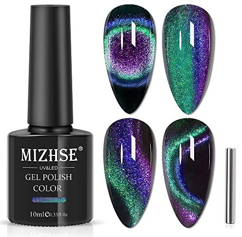 MIZHSE Glitter Cat Eye 9D Nail Polish With Magnetic Stick - Soak-Off UV LED Gel - Discoloration Green Black Manicure DIY - 10ml