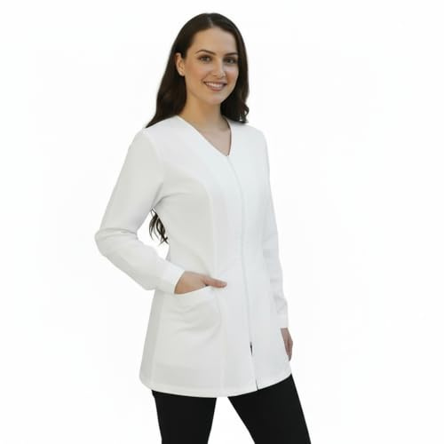 Camice da Lavoro,donna,Casacca con Zip,per Estetista, parrucchiera MAESTRA Asilo,scuola materna (S, Bianco)