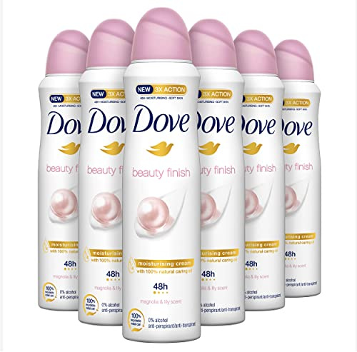 Dove, Desodorante en spray Beauty Finish con 1/4 crema hidratante con minerales y vitamina E, antitranspirante, sin alcohol, piel seca hasta 48 horas, desodorante para hombre y mujer, 6 unidades de