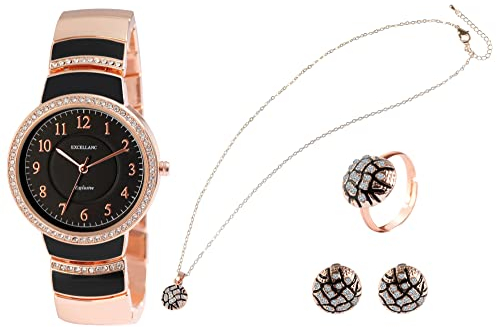 Excellanc Damen-Schmuckset Uhr Kette Anhänger Ring Ohrringe 1800222 (roségoldfarbig schwarz)