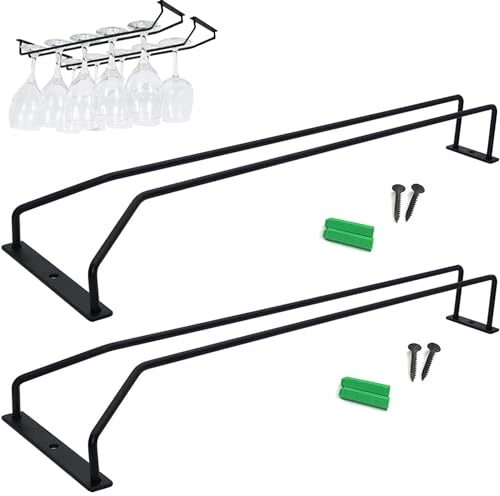 2 Stück Stielglasregal, Gläserhalter zum Aufhängen, Aufhängung Metall Weinglashalter, 35CM, Weinglasregal Unter Schrank, Weinglashalter Schwarz für Stielgläser, mit Schrauben und Dübeln, für Bar,Küche