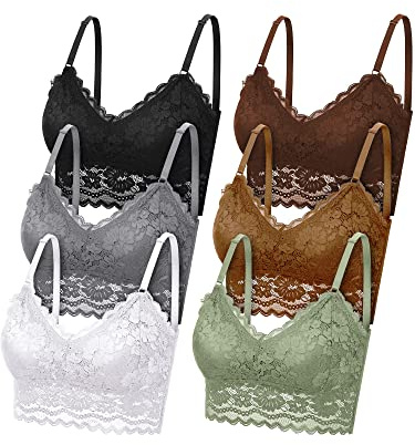 Geyoga Women's Lace Cami Top, Wireless Bralette Floral Non Padded Bandeau Bras with Straps(X-Large,Black, Dark Chocolate, Chocolate, White, Olive Green, Dark Gray,6 Pack)