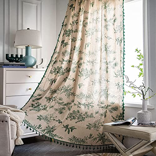 Lanqinglv Boho Vorhänge Grün Beige Blickdicht Blumen Gardinen mit Quaste Baumwolle Leinen Landhausstil Häkeln Stricken Gardinen Vorhang für Küche Wohnzimmer Schlafzimmer,1 Stück,B132xH214cm
