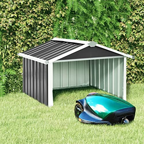 JUNZAI Rasenmäher Garage, Mähroboter Garage, Garage Für Mähroboter, Überdachung Für Mähroboter, Unterstand Überdachung, Mähroboter Haus, 92x97x63 cm Verzinkter Stahl Anthrazit