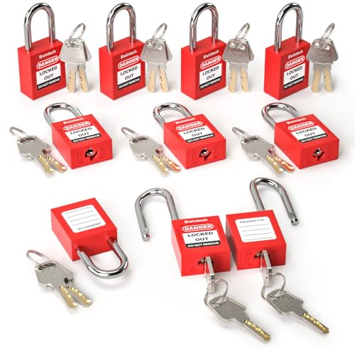 Bwintech 10 Pcs 38MM Candado de seguridad rojo diferente con llave para bloqueo y etiquetado de estaciones y dispositivos de bloqueo y etiquetado