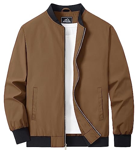 Magcomsen Giacca bomber da uomo giacca a vento leggera con cerniera completa, casual, elegante, da esterno, giacche da golf, marrone, XL