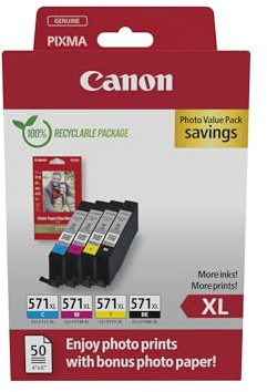 Canon Tintenpatronen - CLI-571 XL C M Y BK Original XL Druckerpatronen 4er Pack (1 x XL Schwarz, 1 x Cyan, 1 x Magenta, 1 x Gelb) & 4x6 Fotopapier (50 Blatt)