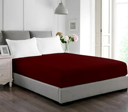 SKY BEDDINGS Cal King Size Waterproof Mattress Protector - Premium Terry Mattress Cover, Ultra Soft, Breathable, Noiseless Bed Cover, Fitted Sheet with Stretchable Deep Pockets Upto 15 - Burgundy