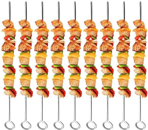 10 Pcs BBQ Skewers Metal BBQ Kebab Grill Skewers Reusable Long Metal Chicken Barbecue Skewer Barbecue Skewer for Fruit Meat BBQ Kabob Oven Camping Campfire Trussing Turkey