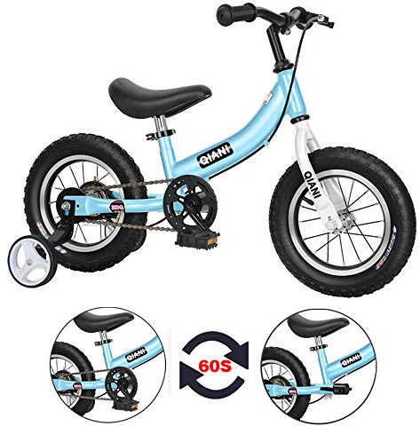 Qiani Balance Bike 2 in 1 for Toddlers,Kids 2 3 4 5 6 7 Years Old,Balance to Pedals Bike,12 14 16 inch Kids Bike,with Pedal kit,Stabilisers,Brakes (Blue, 14 inch)
