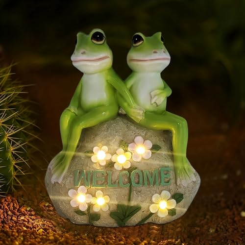Solar Gartenfiguren Frösche Gartendeko für Draußen, Harz Solar Garten Statuen Frosch mit Welcome und 6 LED Lichter, Figur Kawaii Geschenke für Frauen/Mama Deko für Zimmer Terrasse Balkon Deko (A)