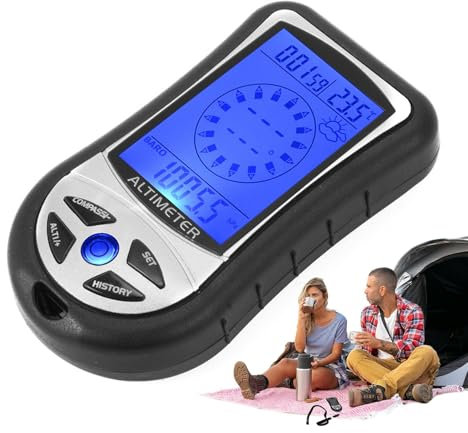 Altímetro de bolsillo – Medidor de temperatura de mano multifunción Barómetro Brújula – Dispositivo portátil con retroiluminación, pronóstico del tiempo, reloj de tiempo para senderismo, montañismo