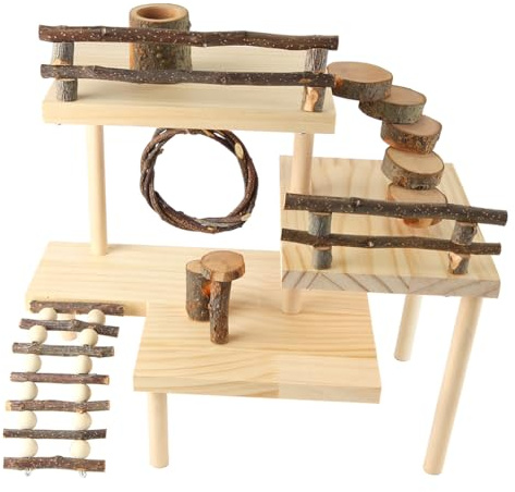 Alnicov Wooden Hamster Cage Platform Climbing Playground with Bridge Natural Habitat Climbing System for Dwarf Hamsters Syrian Hamsters and Gerbils