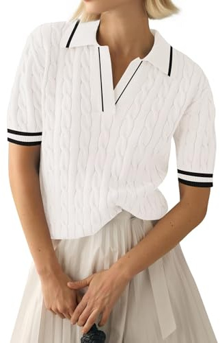 LACOZY Polo d'été à manches courtes et col en V pour femme - Décontracté et léger - Tricot côtelé