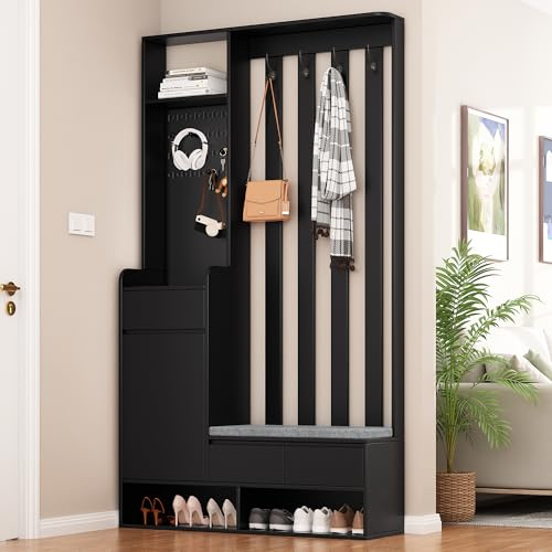 Moimhear Perchero de pasillo con banco acolchado de almacenamiento, zapatero multifuncional con panel perforado, armario moderno con 4 ganchos (negro, 100 x 35 x 180 cm)
