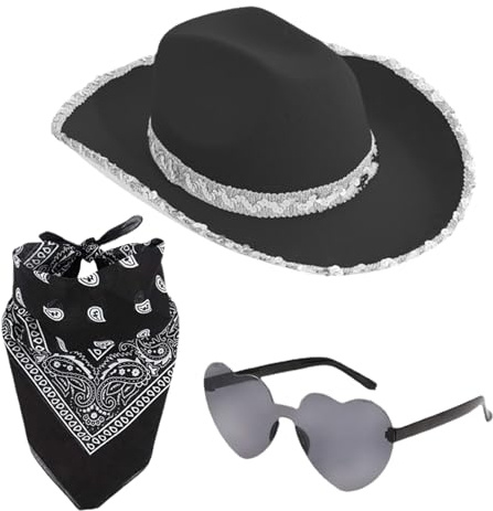 Xvilmaun Glitter cowboyhatt, karneval cowboyhatt – trendig huvudbonad med bandana och glasögon för att på konsert bröllop land kostym karneval