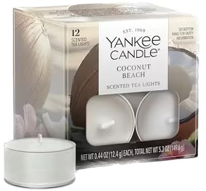 Yankee Candle Coconut Beach Tea Light Candles, Premium Plant Wax Scented Tealights, 12 Count, White, Up to 5 Hours Burn Time, Natural Fiber Wick, 0.44 oz Each