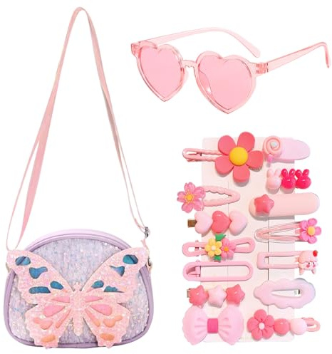 HTTDSLF Borsa a Tracolla per Ragazze, Borsetta per Bambini, Principessa Borsa per Bambina - Occhiali da Sole a Forma di Cuore & 14 Fermagli per Capelli, Idea Regalo Piccola Ragazza Compleanno Natale