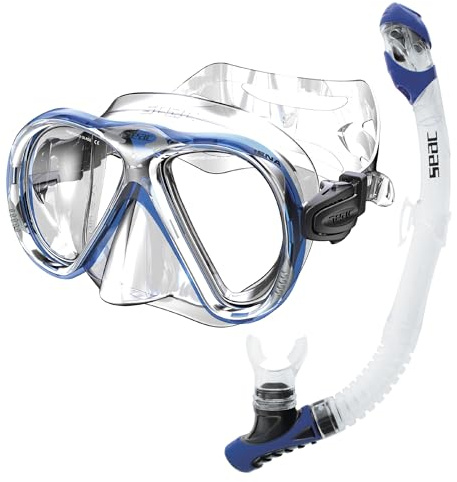 SEAC Set BIS Iena Dry – Kit Masque bi-hublot en Silicone et Tuba avec Système Dry Top et Vanne de Purge, pour plongée et Snorkeling