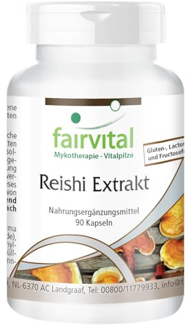 fairvital Extrait de reishi, 90 gélules, faciles à avaler, HAUTEMENT DOSÉ, 500mg par gélule, Ganoderma lucidum, 30% de polysaccharides, VÉGÉTALIEN