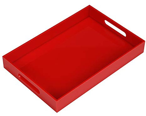 Plateau de service robuste en acrylique rouge avec poignées – 25,4 x 38,1 cm, café, apéritif, petit déjeuner, plateau de majordome – Comptoir de cuisine et organisateur de table de coiffeuse