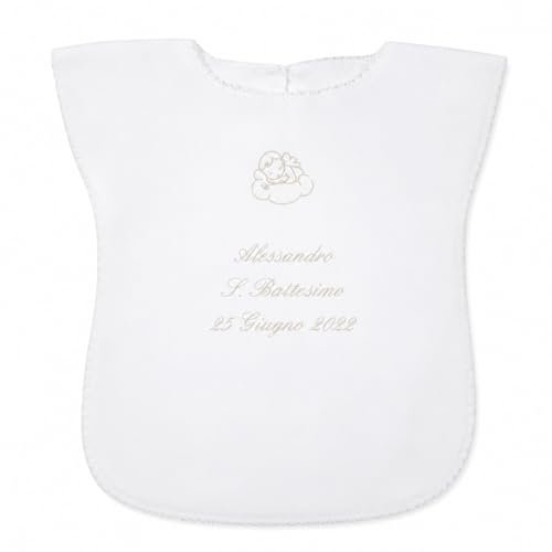 Coccole - Vestina da Battesimo Bimba a Tema Angioletto Panna - Vestina per Battesimo Personalizzato con Nome e Data - Veste Bianca Battesimale in Tessuto Piquet Millerighe 100% Made in Italy