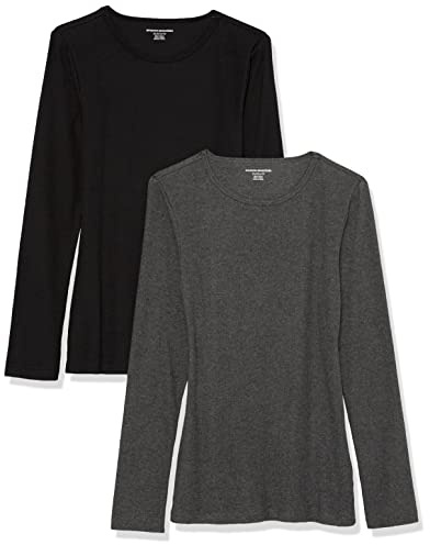 Amazon Essentials Top Ajustado de Punto Acanalado de Manga Larga con Cuello Redondo (Disponible en Tallas Grandes) Mujer, Pack de 2, Carbón Mezcla/Negro, S