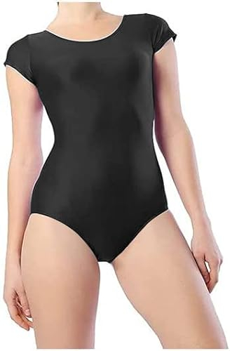 BODYWEAR LTD Kinder-Turnanzug für Mädchen, glänzend, kurzärmelig, Tanz-/Gymnastikanzug, Schwarz , 11-12 Jahre