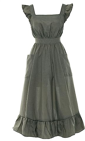 Vibsion Vintage Ruffle Apron for Women Colonial Pioneer Pinafore Apron Cross Back Garden Cooking Aprons with Pockets