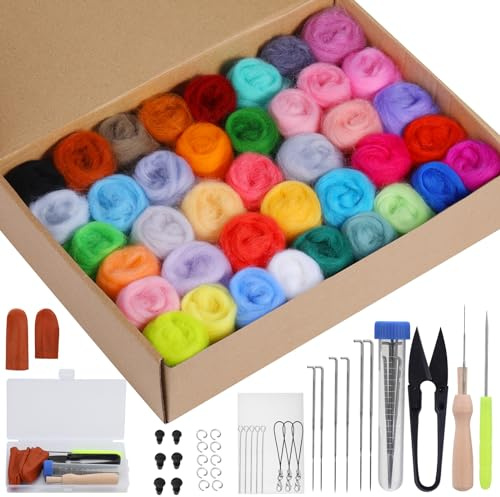 Kit de feutrage à aiguilles de 40 couleurs, 40 couleurs de 5 grammes, kit de démarrage de feutrage à aiguilles avec laine à feutrer, outils de feutrage de base pour débutants, artisanat de feutre pour
