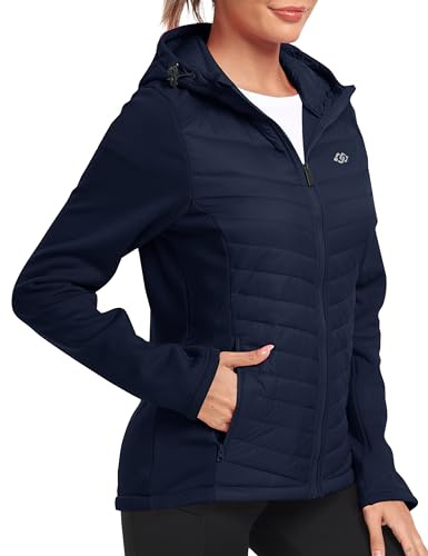 MoFiz Women's Hooded Jackets Lightweight Packable Quilted Padded Jacket Warm Transitional Hybrid Puffer Jacket with Zip Pockets Navy Size US M