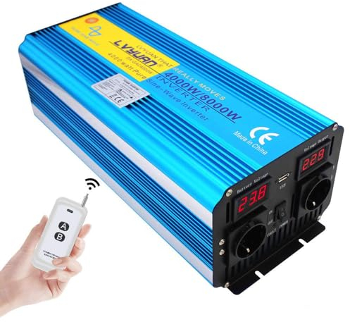 LVYUAN Convertisseur 24V 220V 4000W /8000W Pur Sinus Onduleur Transformateur 2 Prises EU AC, USB, Télécommande sans Fil et écran LED pour Les systèmes Solaire, Voiture, Camping, Voyage