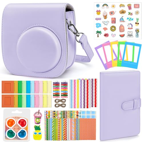 Eurhomewit Instantané Caméra Accessoires pour Instax Mini 12, Kit Comprend Housse Appareil Photo/Album/Cadres/Filtre/Autocollant Dessin animé/Autocollant de Bord and Coin - Violet Lilas