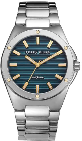 Perry Ellis Solar Powered Mens Watch | Alloy Bracelet | Water-Resistant Analog Wrist Watches for Men | 42mm Case | Relojes para Hombres | Elegant Gift for Man (Silver)